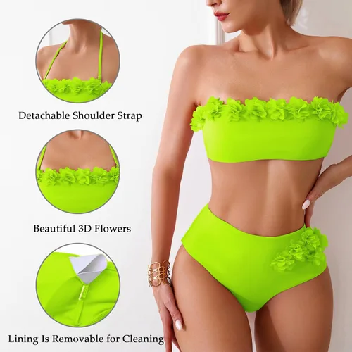Vista 7 de Conjunto de bikini para mujer, traje de baño de dos piezas, parte superior bandeau, lindo bikini sexy de flores