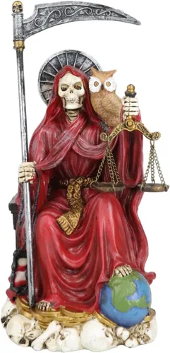 Vista 4 de Ebros Gift Santa Muerte Sosteniendo Guadaña Reloj de arena y escalas de justicia con búho sabio sentado en el trono Estatuilla Hueso de la Muerte
