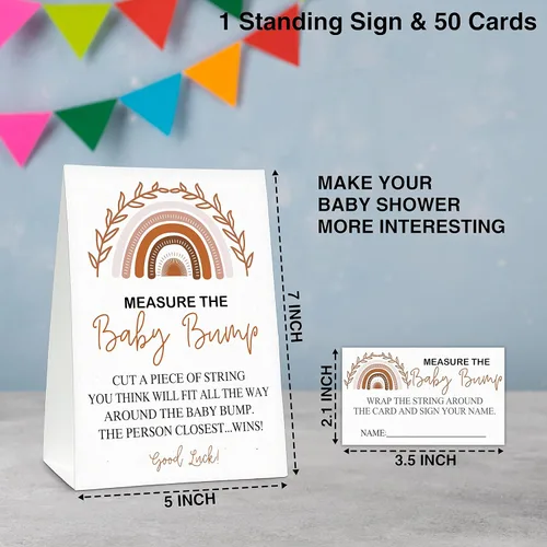 Vista 2 de Measure the Baby Bump - Juego de juego para baby shower, 1 letrero de pie con 50 tarjetas de adivinanzas, suministros de decoración de fiesta