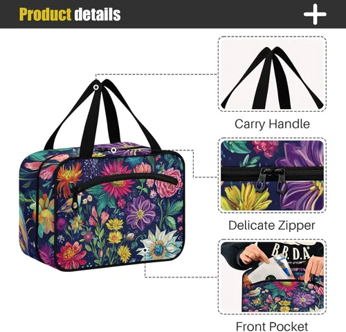 Vista 4 de Flores retro con pintura al óleo de color Siente colgante bolsa de artículos de tocador de viaje con gancho, bolsas lavables de diseñador