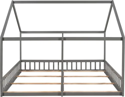 Vista 5 de Harper & Bright Designs Marco de cama para niños con 2 camas de plataforma individual, con techo triangular de madera, cama Montessori de suelo Gris