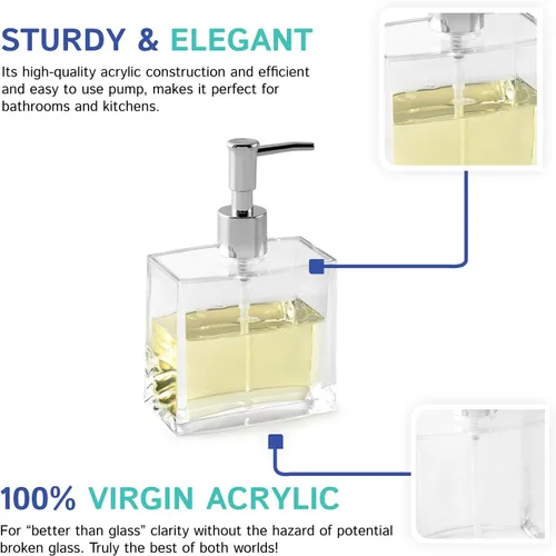 Vista 5 de Huang Acrylic Dispensador de jabón líquido rectangular transparente recargable para encimera de tocador de baño, fregadero de cocina, capacidad