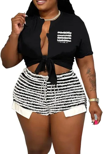 Vista 3 de Hoibmasp Conjunto de 2 piezas para mujer, sexy, de verano, con pantalones cortos a rayas