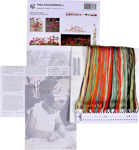Vista 3 de Thea Gouverneur - Kit de punto de cruz, amapolas naranjas, Aida, 16 unidades, kit de bordado para adultos, hilos de bordado DMC y otros suministros