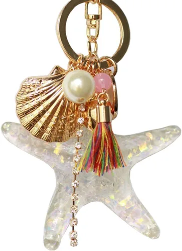 Vista 3 de Llavero con borlas de concha de estrella de mar de perla, llavero de diamantes de imitación de cristal, dije de bolso, Blanco