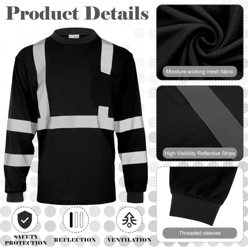 Vista 3 de Amylove 4 piezas de camisa de seguridad de manga larga reflectante de alta visibilidad, camisas de trabajo de construcción para hombres y mujeres