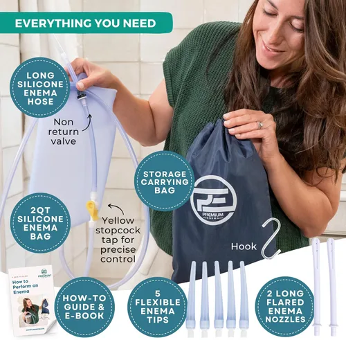 Vista 3 de PREMIUM Enema™ juego de bolsa de silicona transparente para enema, con llave de paso de precisión, válvula de retención, manguera larga de silicona