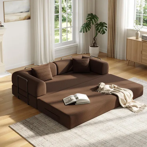 Vista 10 de Sofá Cama Convertible de 59 Pulgadas, Cama de Sofá de Pana Sin Estructura, Sofá Cama Futón Extraíble, Sofá Plegable para Sala de Estar