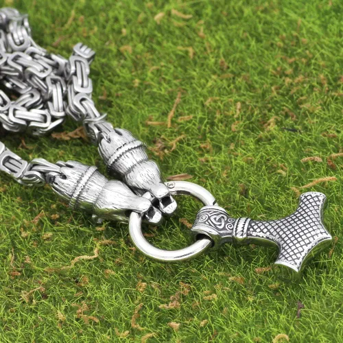 Vista 3 de GuoShuang Collar con colgante de cabeza de oso vikingo de acero inoxidable con Thor Mjolnir - Cadena King