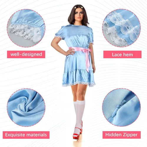 Vista 3 de 6 piezas de disfraz de Halloween para adultos, vestido Kawaii azul transparente, medias altas hasta la rodilla, pinzas para el cabello de flores