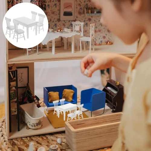 Vista 2 de Beaupretty Muebles de casa de muñecas Mesa y sillas de madera en miniatura para casa de muñecas Mini accesorios de comedor (blanco)