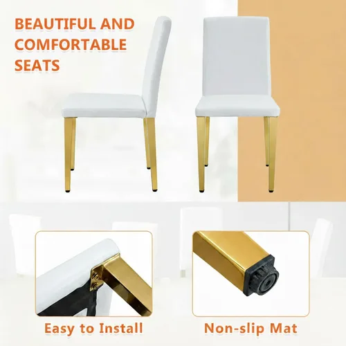 Vista 5 de Juego de 4 sillas de comedor modernas, piel sintética blanca con patas de metal dorado, 35.4 x 16 x 18.5 pulgadas, asientos acolchados de esponja