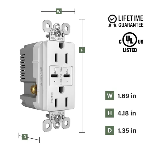 Vista 3 de Legrand Radiant R26USBPDW - Toma de corriente dúplex decoradora resistente a manipulaciones de 15 amperios con puertos de carga rápida USB C/C 6.0A