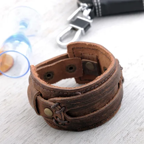 Vista 4 de Merdia Pulsera ajustable de piel auténtica para hombre y mujer, diseño punk, café, 30G, Cuero