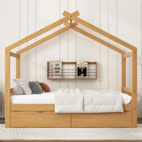 Vista 4 de Merax Cama de plataforma de tamaño matrimonial con dos cajones, marco de cama de madera con diseño de techo con cabecera y estribo, no necesita