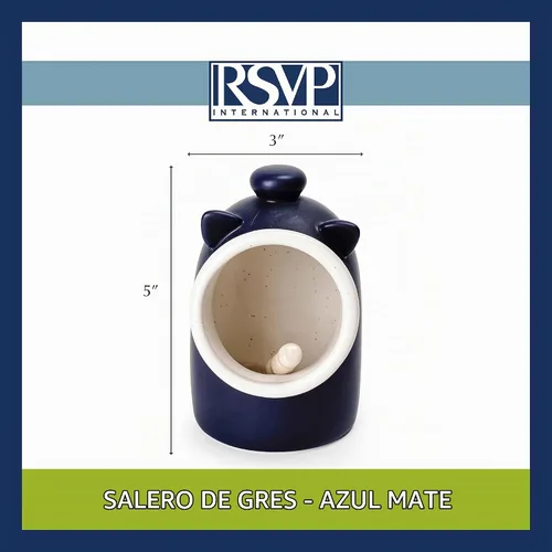 Vista 3 de Salero de cerámica azul con forma de cerdito. Incluye cuchara.