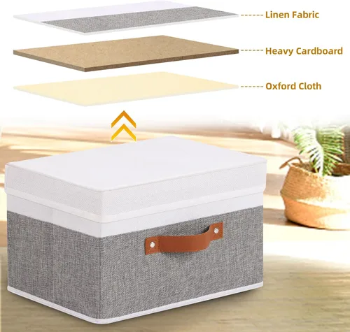 Vista 7 de Contenedor de almacenamiento de tela, cesta de almacenamiento con tapas, caja organizadora de armario con asas para zapatos, libros, toallas, blanco