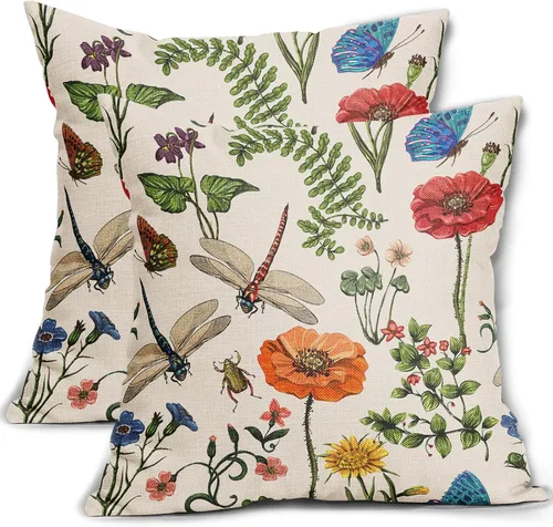 Vista 9 de Juego de 2 fundas de almohada de primavera de 16 x 16 pulgadas, diseño de conejo, flores rosas, hojas verdes salvia, plantas botánicas vintage