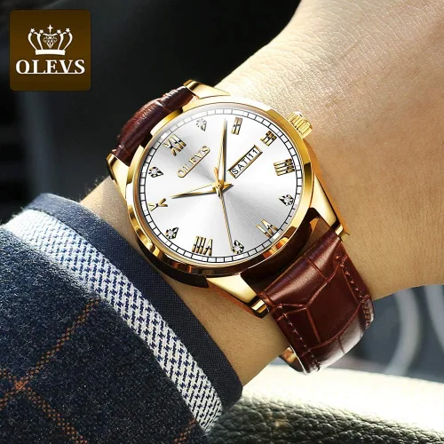 Vista 7 de OLEVS Tienda Watches reloj de cuero marrón para hombre reloj luminoso para hombre reloj de vestir para hombre reloj de cuarzo de moda para hombre