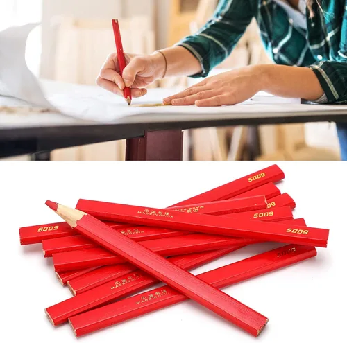 Vista 6 de 10 lápices de carpintero rojos, 6.693 in, octogonal plano, lápices de construcción dura, lápiz de plomo de madera, carpintero plano de madera