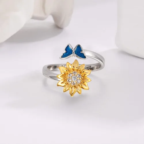 Vista 6 de oGoodsunj Anillo antiansiedad de plata esterlina 925 para mujer girasol abeja mariquita mariposa giratorio anillos tranquilos regalos de joyería