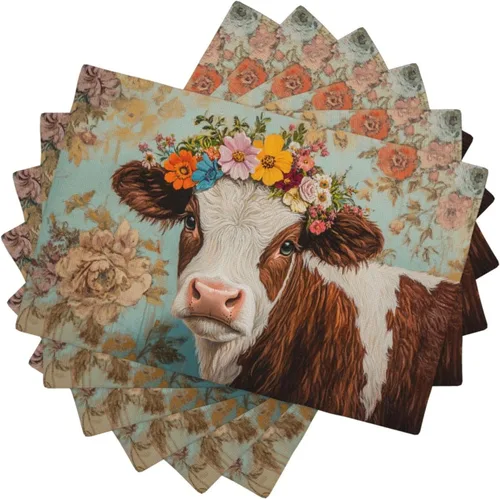 Vista 9 de Juego de 6 manteles individuales de vaca de granja, lavables, diseño floral de vaca de primavera, resistentes al calor, de algodón, lino, para mesa