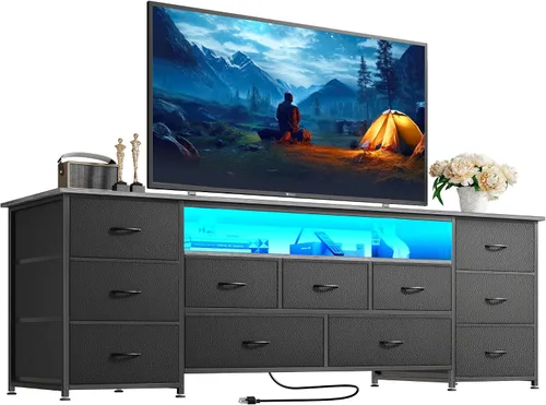 Vista 15 de Huuger Soporte de TV de 63 pulgadas para TV de 65, 70 pulgadas, cómoda larga con 11 cajones con tomas de corriente y luces LED, centro