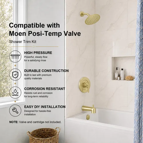 Vista 2 de Compatible con Moen Posi-Temp Kit de molduras de ducha de válvula, repuesto para grifo de ducha de válvulas 2510, 2520, 2570, 2590, oro cepillado