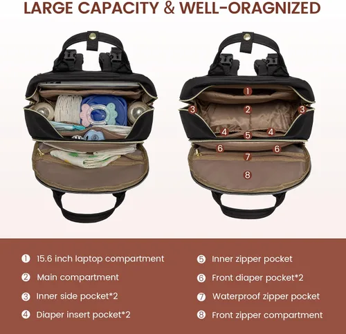Vista 2 de LOVEVOOK mochila para pañales de gran capacidad, Beige Marrón Negro, Classic