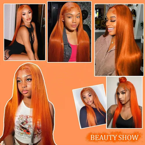 Vista 2 de PANDA ANGEL Peluca de encaje frontal de jengibre de cabello humano 13x4 lacio, naranja jengibre, frontal de encaje HD transparente sin pegamento