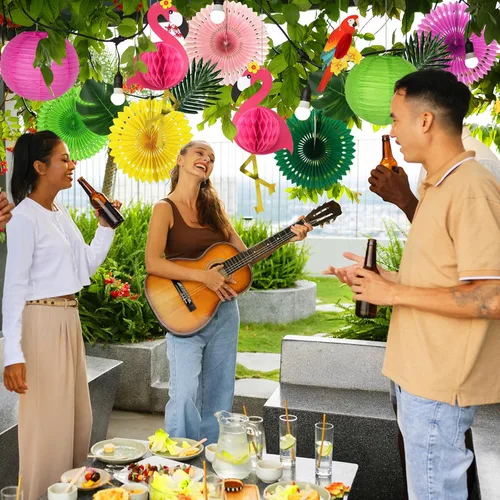 Vista 5 de Decoraciones de fiesta de flamenco tropical, kit de fiesta de hojas de palma de loro, incluye linternas de papel de nido de abeja de flamenco