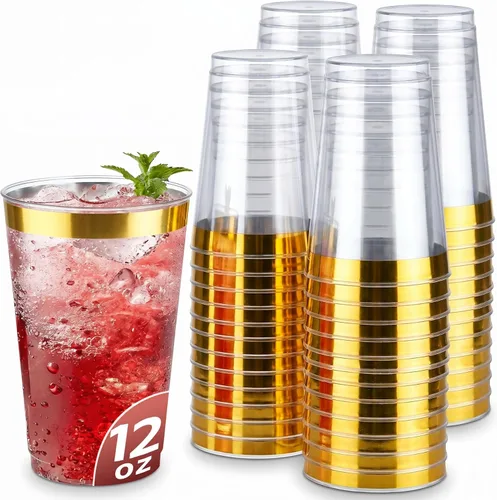 Vista 16 de Byvivace Vasos de plástico transparente de 12 onzas con borde dorado, resistentes y aptos para alimentos, desechables, copas de vino, copas de boda