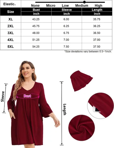 Vista 7 de ShopWonder Vestido casual con cuello en V para mujer, talla grande, manga 34, holgado, con volantes, vestido midi con bolsillos