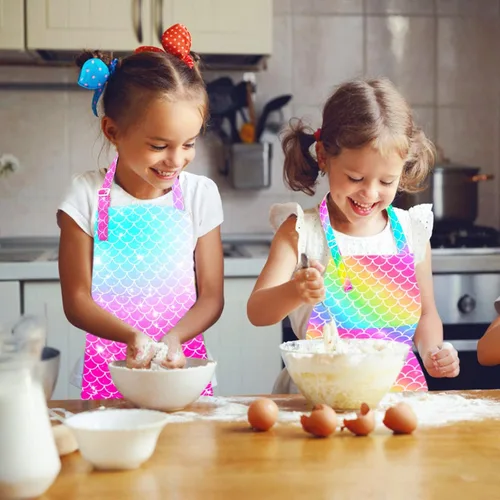 Vista 3 de Sylfairy Delantales para Niñas, Delantal de Unicornio Arcoíris con Bolsillos para Niños, Delantales de Chef de Cocina para Cocinar, Hornear, Pintar