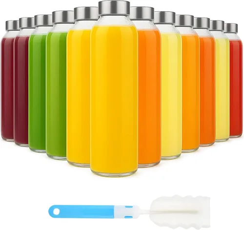 Vista 9 de Sursip Botellas de agua de vidrio de 18 onzas con tapas, botellas de jugo, botella de jugo de vidrio transparente para exprimir, botellas de jugo