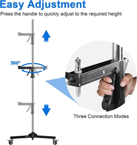 Vista 3 de Selens Soporte de luz resistente de 98.4"/250cm con 2 empuñaduras de pistola, postes desmontables, ruedas giratorias de 360°, adaptador de tornillo