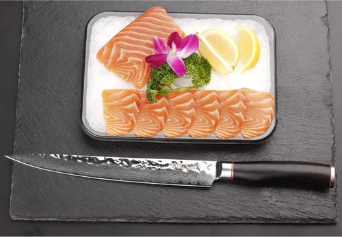 Vista 4 de YOUSUNLONG Cuchillo de filete de 10 pulgadas, cuchillo para tallar carne, cuchillo sashimi, 9.6 in, mano izquierda, acero de damasco martillado