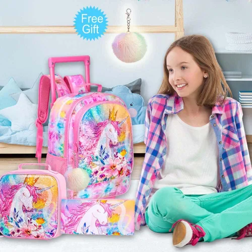 Vista 3 de Mochila con ruedas para niños y niñas, mochila escolar con ruedas para niños pequeños