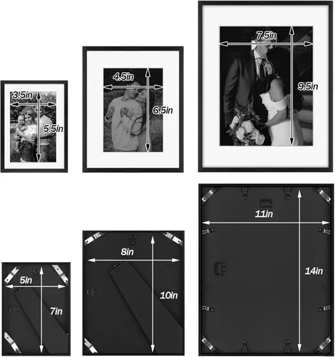 Vista 4 de Frametory, juego de 7 marcos de fotos de aluminio negro con alfombrilla extraíble - Incluye cuatro de 5 x 7 pulgadas, dos de 8 x 10 pulgadas y uno