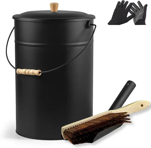 Vista 7 de BRIAN & DANY Mini cubo de cenizas con tapa y pala, cubo de chimenea de 1.2 galones con escoba, perfecto para chimeneas, estufas de leña