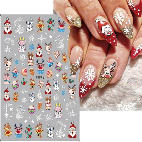 Vista 2 de 8 hojas de calcomanías de uñas de Navidad 3D, calcomanías de uñas de Navidad de invierno, dibujos animados, alce, copo de nieve, Papá Noel, muñeco