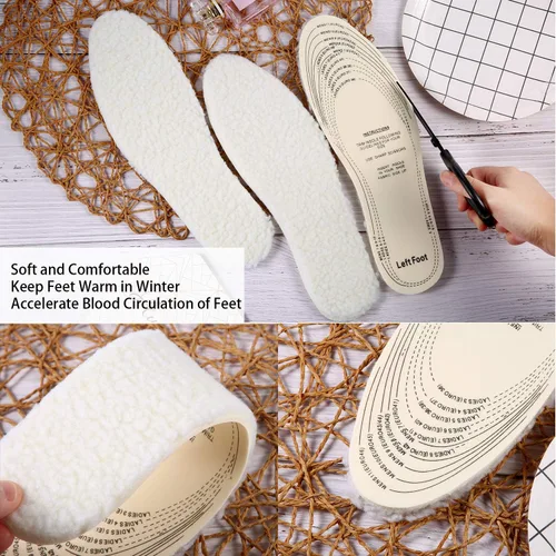 Vista 2 de Frienda 2 pares de plantillas de lana para zapatos para clima frío, cortadas a la medida, inserción de zapatos esponjosos, unisex, plantilla