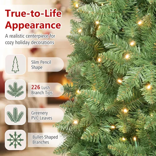 Vista 4 de Goplus Árbol de Navidad de Lápiz Preiluminado de 4.5 pies, Abeto con Bisagras de Alta Calidad, con Luces LED Blancas Cálidas y Soporte de Metal Verde
