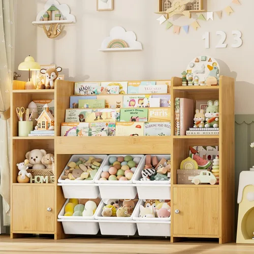 Vista 10 de FINETONES Organizador de almacenamiento de juguetes con 6 cubos de juguetes, organizador de juguetes para niños con 6 cubículos, organizadores