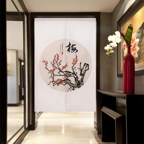 Vista 2 de Cortina japonesa Noren para puerta, tapiz de algodón y lino, cortinas opacas para puerta, panel de decoración de pared, flor de ciruelo chino, 31 x
