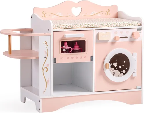 Vista 11 de ROBOTIME Cuna de muñeca de bebé, cama de madera para muñecas, cuna de bebé de juguete con almacenamiento, ropa de cama y ganchos de madera, cuna