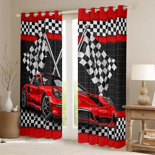 Vista 2 de Manfei Cortinas de ventana de coche de carreras para niños, tratamiento de ventana de coche deportivo rojo, cortinas de ventana de bandera a cuadros