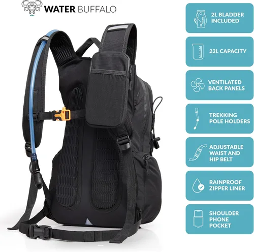 Vista 2 de Mochila de Hidratación Water Buffalo - Mochila de Senderismo Sherpa 22L con Vejiga de Agua - Mochila de Agua para Senderismo con Cremalleras