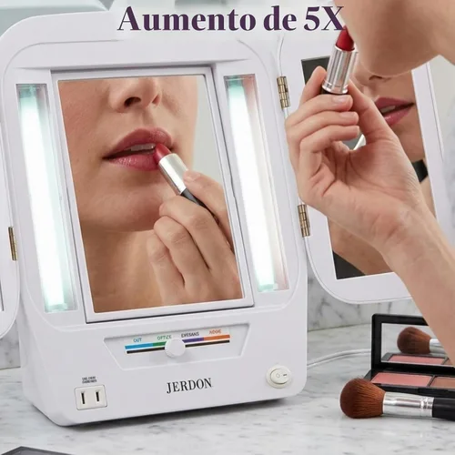 Vista 3 de Jerdon JGL10 W Euro Espejo de 3 paneles iluminado con aumento de 5X, 4 configuraciones de luces, acabado blanco Diseño moderno de tres pliegues