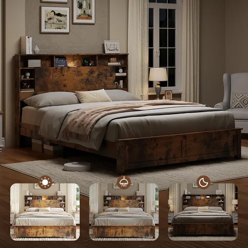 Vista 7 de Base de cama con cabecera de almacenamiento, plataforma de madera con estantes, carga USB y tipo C y luces LED, no necesita somier, sin ruido, fácil